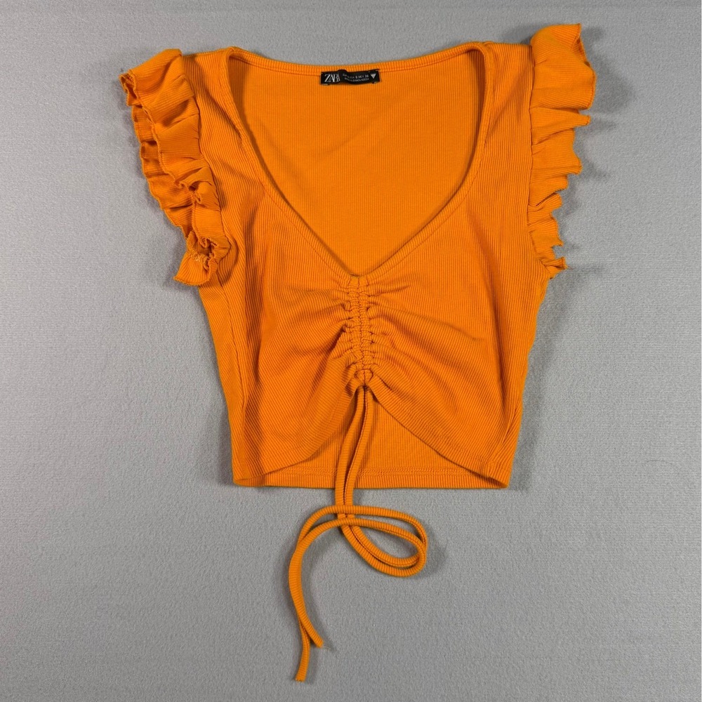 Zara Crop Top S Orange Ruffle Sleeve V-Neck Ruched Drawstring Ribbed Knit Y2K